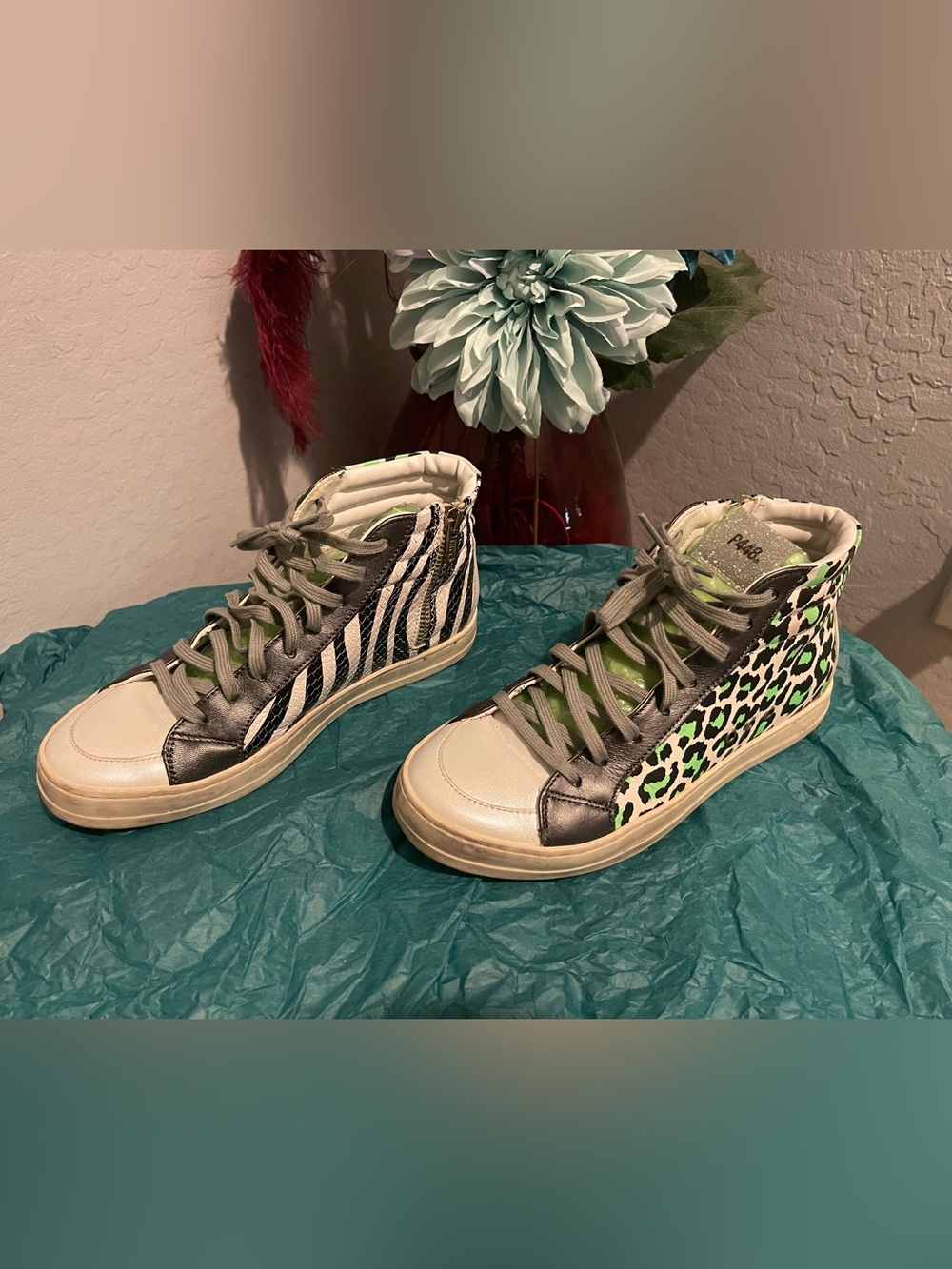 P448 Women's High-Top Sneakers with Neon Green Leopard & Zebra Print size 37